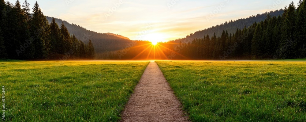 Fototapeta premium Forest at sunset rays illuminate serene pathway in twilight concept. A serene landscape with a path leading towards a vibrant sunset.