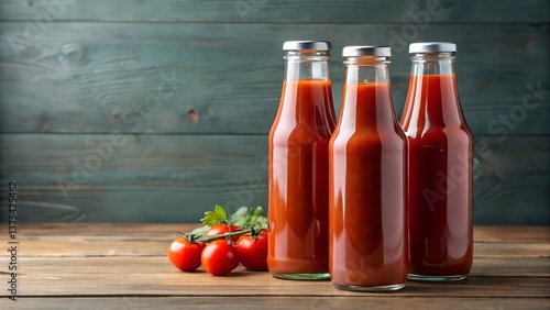 Three bottles of homemade tomato sauce with fresh tomatoes on a wooden table against a blue wall