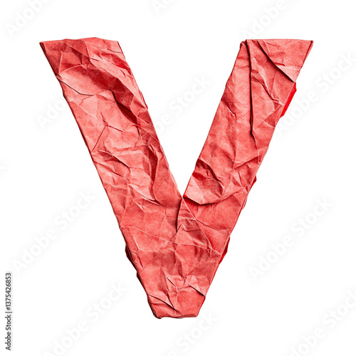 Top view of a 3D letter V made of premium red origami paper isolated on a white transparent background