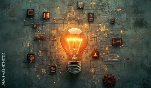 A light bulb is lit up in a room with a lot of other symbols and numbers