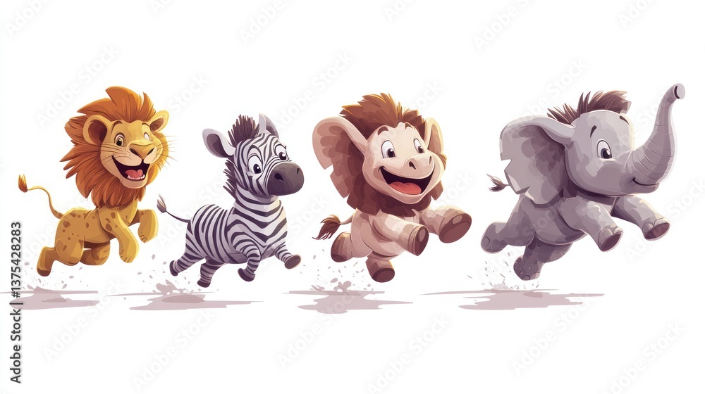 Happy African animals running, playful illustration, children's book Happy African animals running, playful illustration, children's book