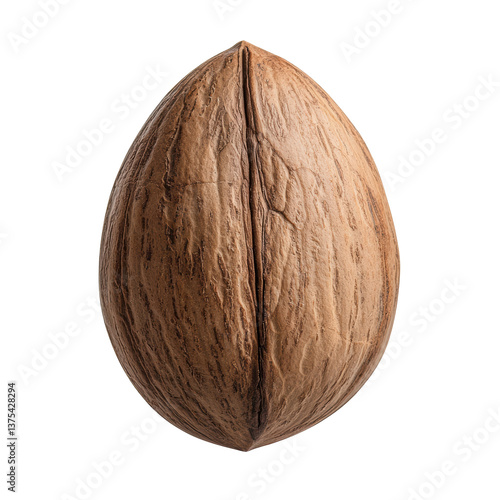 A detailed pecan nut featuring a textured brown shell, showcasing its unique shape and natural patterns.