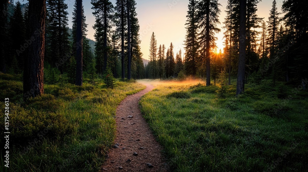 Fototapeta premium Forest at sunset rays illuminate serene pathway in twilight concept. Serene forest path at sunrise, surrounded by tall pine trees.