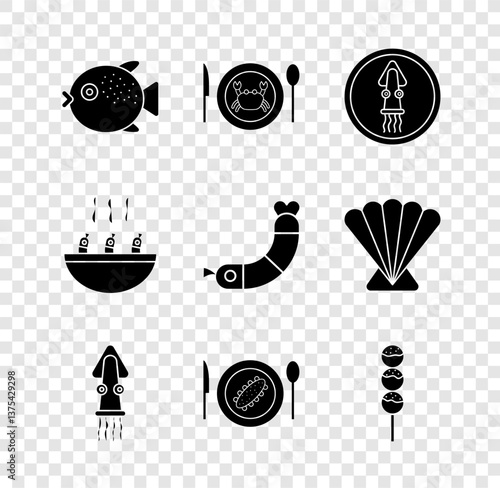Set Puffer fish, Served crab on a plate, Octopus, cucumber, Takoyaki stick, Soup with shrimps and Shrimp icon. Vector