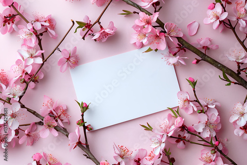 blank card with pink cherry blossoms
