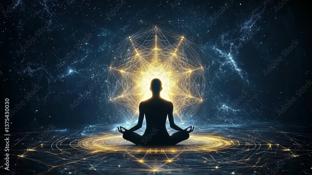 Obraz premium Exploring the Depths of Existence Through Surreal Spiritual Meditation Art Featuring a Person in Lotus Position with a Glowing Mandala