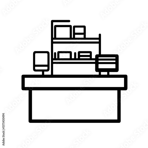 Minimalist reception desk icon with shelves and computers