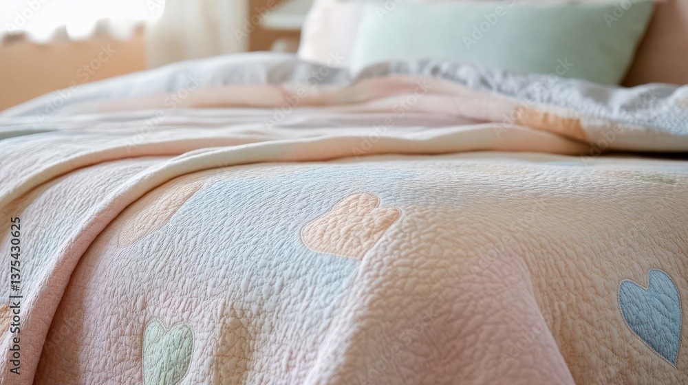 A soft pastel colored bed with heart shaped details and bedding