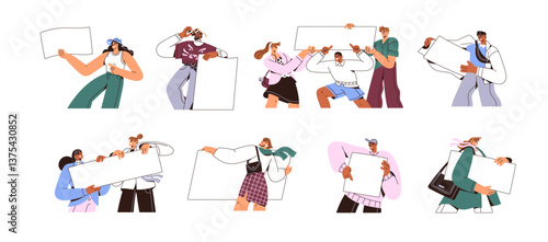 People hold blank advertising banners. Men, women announce, demonstrate presentations, pointing fingers. Characters presenting empty posters, cards, boards. Flat isolated vector illustrations on white