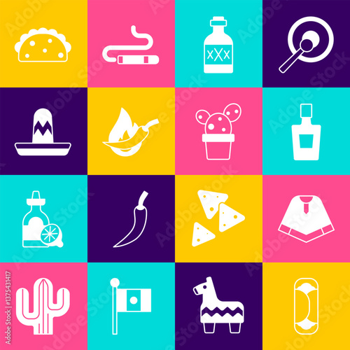 Set Burrito, Poncho, Tequila bottle, Hot chili pepper pod, Mexican sombrero, Taco with tortilla and Cactus succulent in pot icon. Vector