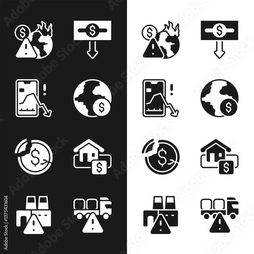 Set Global economic crisis, Mobile stock trading, Dollar rate decrease, Hanging sign with Sale, Stop delivery cargo truck and Shutdown of factory icon. Vector