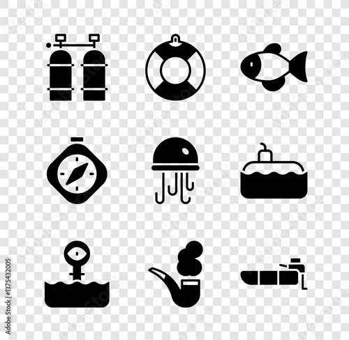 Set Aqualung, Lifebuoy, Fish, Periscope, Smoking pipe, Inflatable boat with motor, Compass and Jellyfish icon. Vector