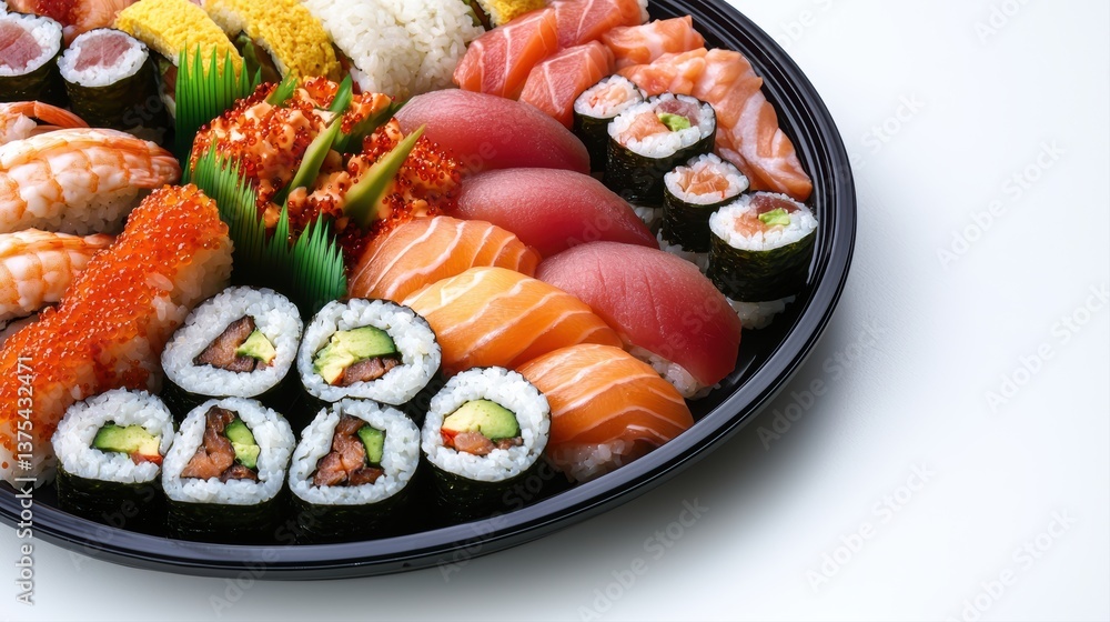 A vibrant platter of assorted sushi, featuring various types including nigiri and maki, artfully arranged for an appealing presentation. A vibrant platter of assorted sushi, featuring various types including nigiri and maki, artfully arranged for an appealing presentation.