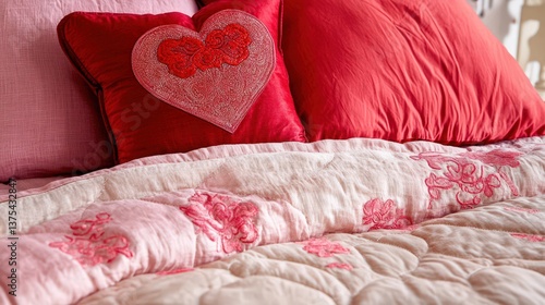 Obraz na płótnie Red and pink pillows rest on a bed with embroidered bedding w salonie