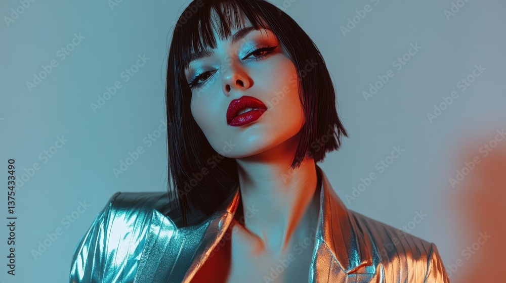 Vogue-Style Portrait: A glamorous woman radiates confidence with a bold lip, posing against a striking gradient of blue and orange hues, showcasing modern aesthetics and a touch of elegance.