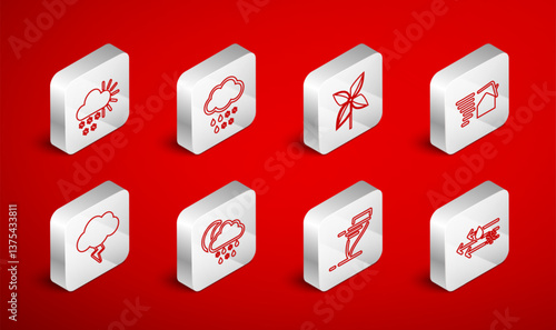Set line Wind and rain with snow, Cloud, Pinwheel, Tornado swirl, Cloudy, rain, moon and Storm icon. Vector
