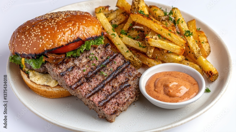 A delicious plate featuring a grilled burger with lettuce and tomato, served alongside crispy fries and a side of dipping sauce. A delicious plate featuring a grilled burger with lettuce and tomato, served alongside crispy fries and a side of dipping sauce.