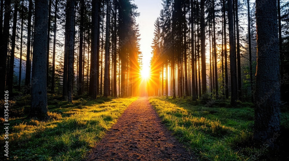 Fototapeta premium Forest at sunset rays illuminate serene pathway in twilight concept. Serene forest path illuminated by a golden sunrise.