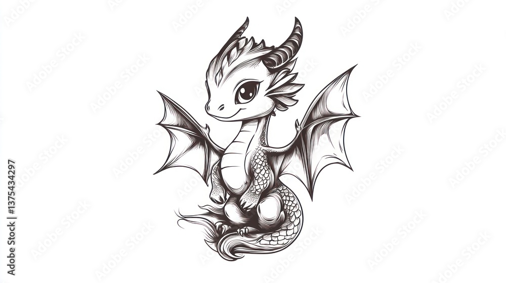 Fototapeta premium Cute baby dragon illustration, fantasy art, white background, children's book (1)