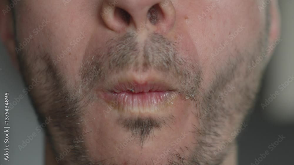 Close up of mouth takes big bite of seeded bagel filled with egg, cheese, tomato and greens. Hungry man eats sandwich Close up of mouth takes big bite of seeded bagel filled with egg, cheese, tomato and greens. Hungry man eats sandwich