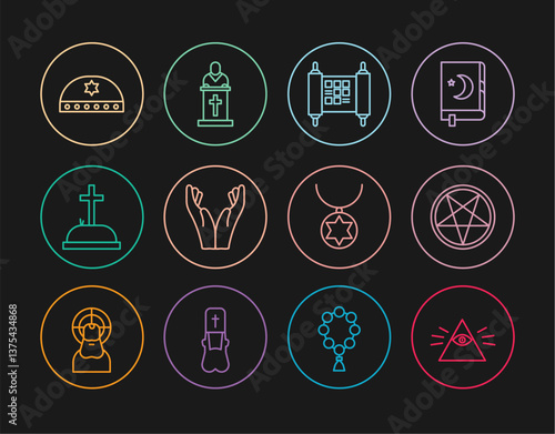 Set line Masons, Decree, paper, parchment, scroll, Hands praying position, Tombstone with cross, Jewish kippah star of david, Star David necklace chain and Church pastor preaching icon. Vector