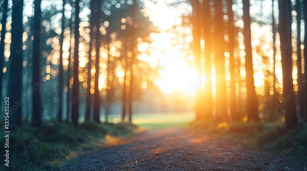 Obraz premium Forest at sunset rays illuminate serene pathway in twilight concept. A serene forest path illuminated by a warm sunrise glow.