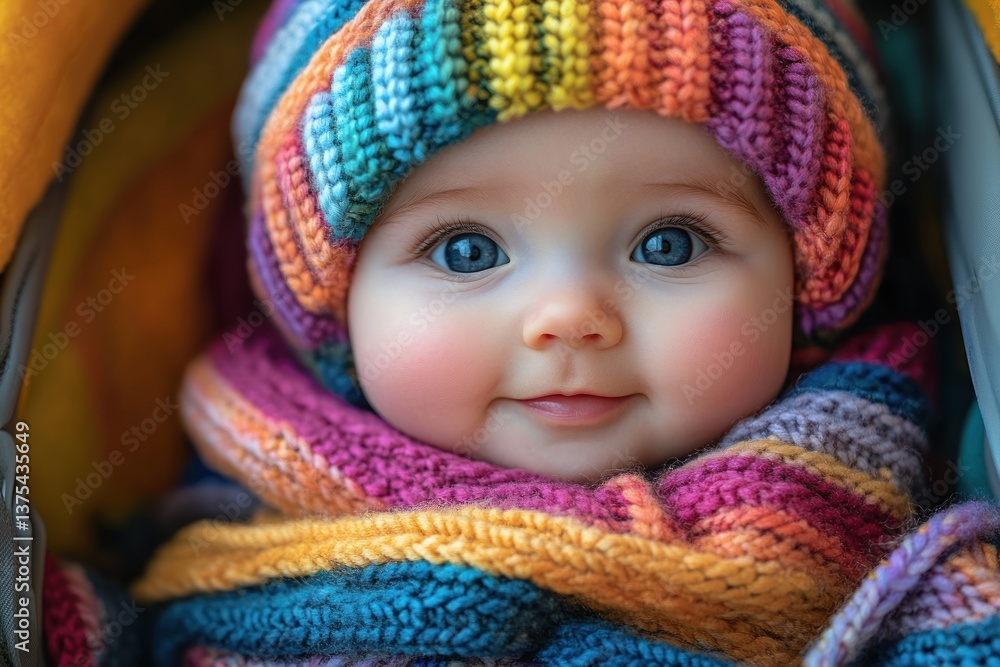 Baby in Stroller in Colorful Garden with Rainbow Hat Baby in Stroller in Colorful Garden with Rainbow Hat