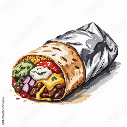 Watercolor Mission Burrito with Guacamole and Salsa
