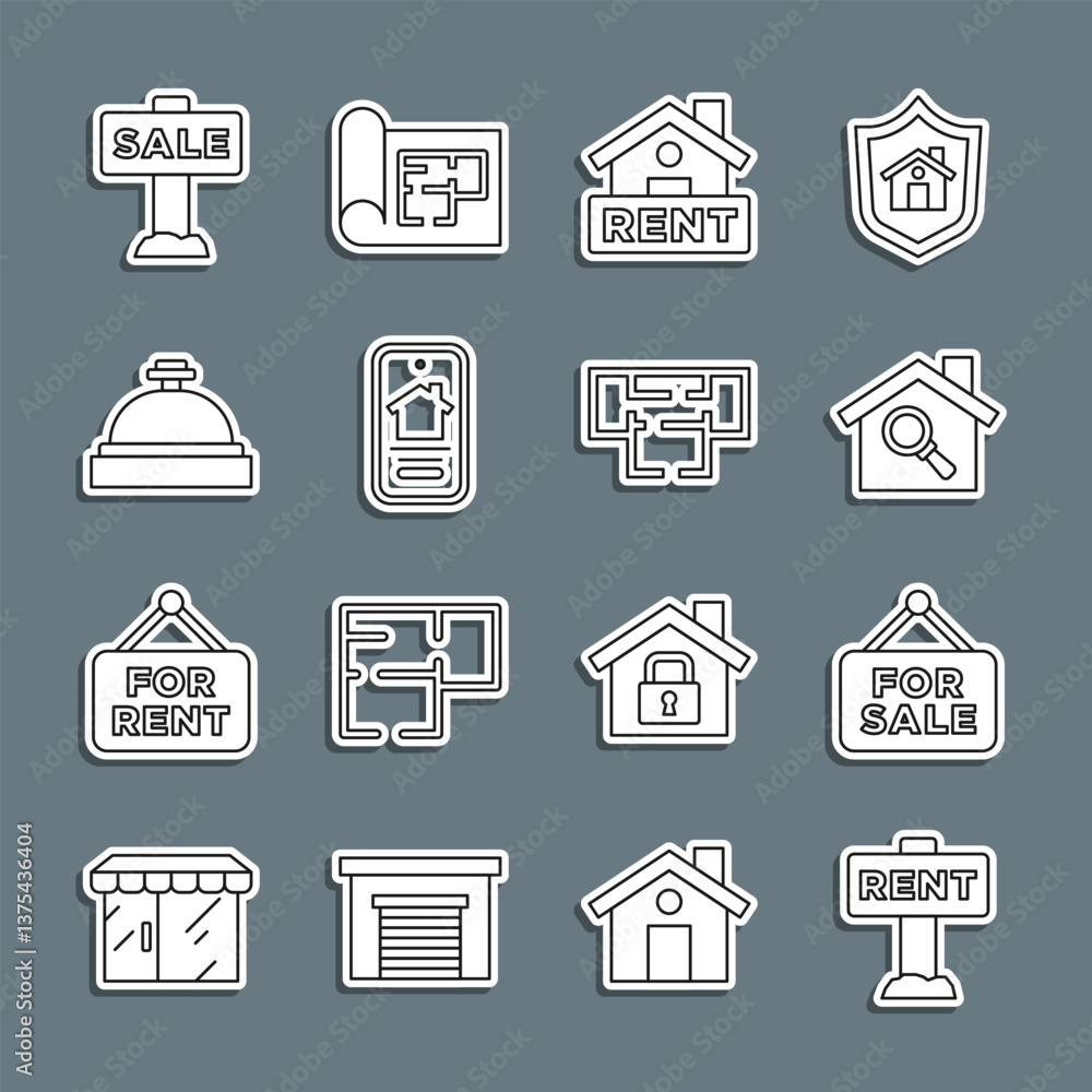 Set line Hanging sign with Rent, For Sale, Search house, Online real estate, Hotel service bell, and House plan icon. Vector Set line Hanging sign with Rent, For Sale, Search house, Online real estate, Hotel service bell, and House plan icon. Vector