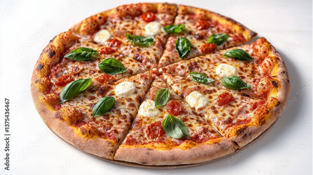 A delicious pizza topped with fresh basil, mozzarella, and sun-dried tomatoes, presented in a circular shape with evenly sliced portions. A delicious pizza topped with fresh basil, mozzarella, and sun-dried tomatoes, presented in a circular shape with evenly sliced portions.