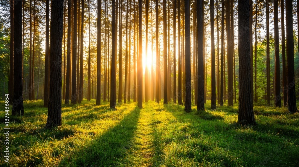 Naklejka premium Forest at sunset rays illuminate serene pathway in twilight concept. Sunlight filters through tall trees in a serene forest scene.