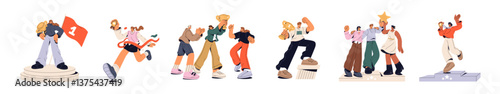 Winners with awards set. Happy people with prizes celebrate victory, success. Characters win, cross finish line, hold trophies with triumph. Flat isolated vector illustrations on white background