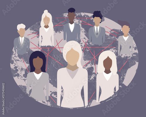 Illustration of diverse businesspeople connected globally in a network