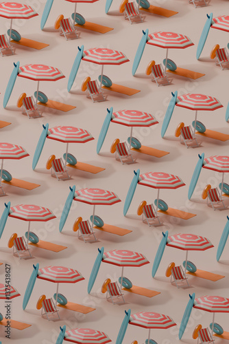 Pattern of beach umbrellas, surfboards, and deck chairs in a summer vacation theme