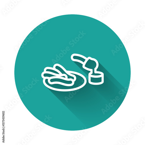 White line Churros and chocolate icon isolated with long shadow. Traditional national Spain dessert, European street food. Green circle button. Vector