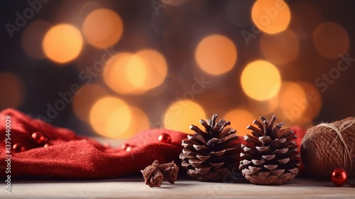 Undecorated pine cones placed on a knitted blanket with a blurred silhouette of a minimalist wooden tree in the background, paired with cinnamon sticks and dried orange slices for a festive look.