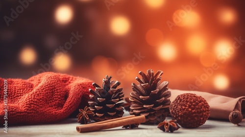 Undecorated pine cones placed on a knitted blanket with a blurred silhouette of a minimalist wooden tree in the background, paired with cinnamon sticks and dried orange slices for a festive look.