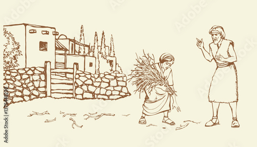Vector drawing. Woman collecting firewood