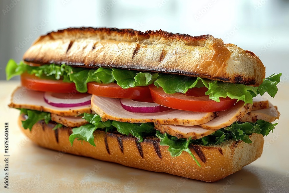 Fresh Deli Sandwich with Turkey Lettuce Tomato and Onion on Crispy Baguette Fresh Deli Sandwich with Turkey Lettuce Tomato and Onion on Crispy Baguette