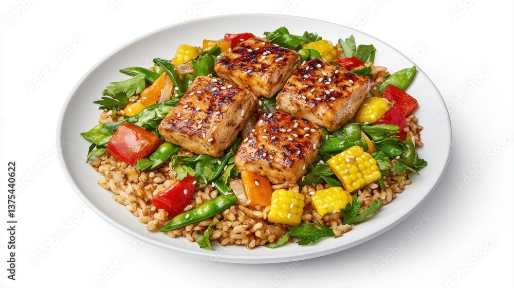 A vibrant plate of grilled salmon served with a colorful mix of vegetables and grains, creating a healthy and appetizing meal. A vibrant plate of grilled salmon served with a colorful mix of vegetables and grains, creating a healthy and appetizing meal.
