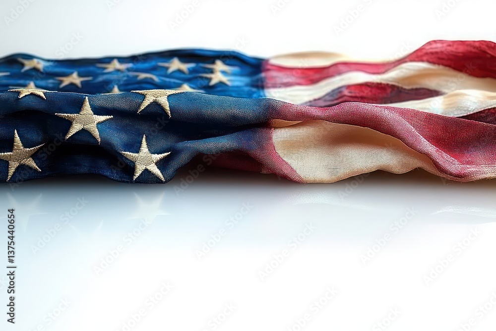 Fototapeta premium Patriotic Vintage American Flag Close-Up on White Background with Copy Space