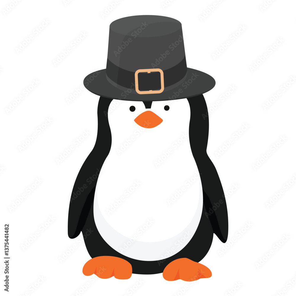 Fototapeta premium Vector icon little penguin. Cute baby penguin. Penguin cartoon character in traditional Thanksgiving day pilgrim hat.