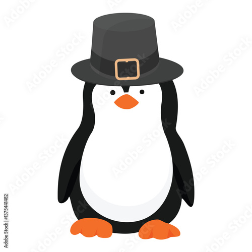 Vector icon little penguin. Cute baby penguin. Penguin cartoon character in traditional Thanksgiving day pilgrim hat.