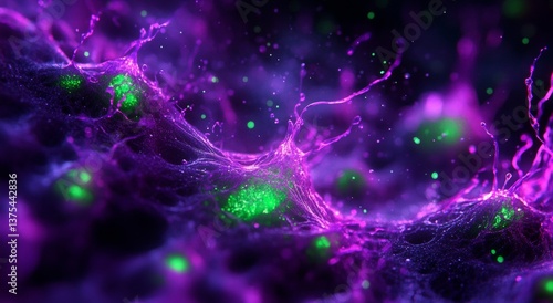 A purple and green blob of cells with purple and green dots