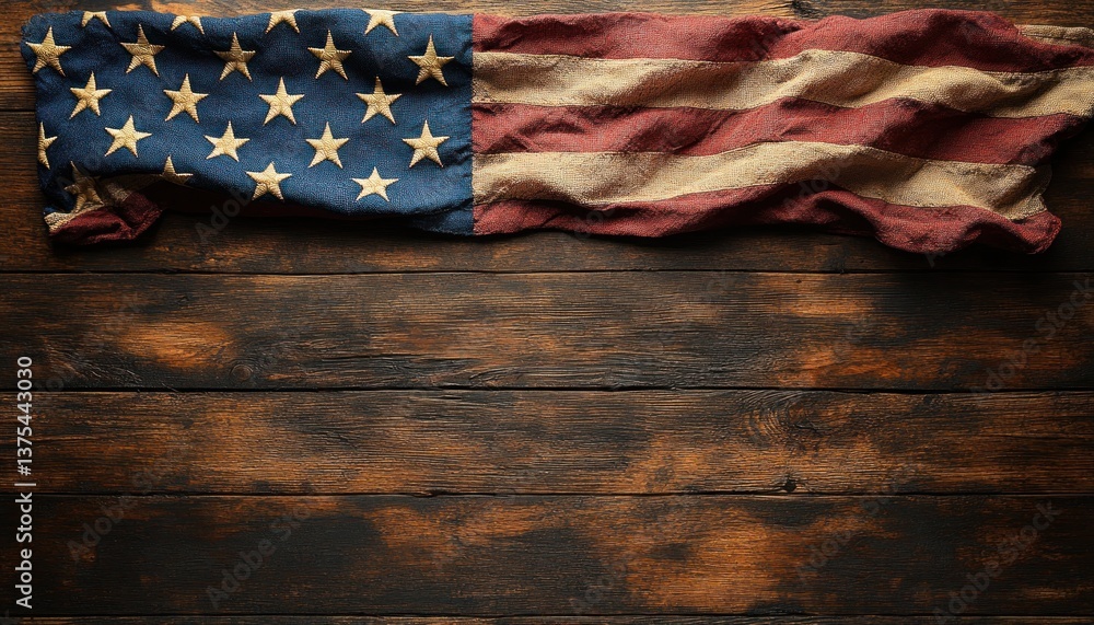 Fototapeta premium Vintage American Flag Draped on Rustic Wooden Table