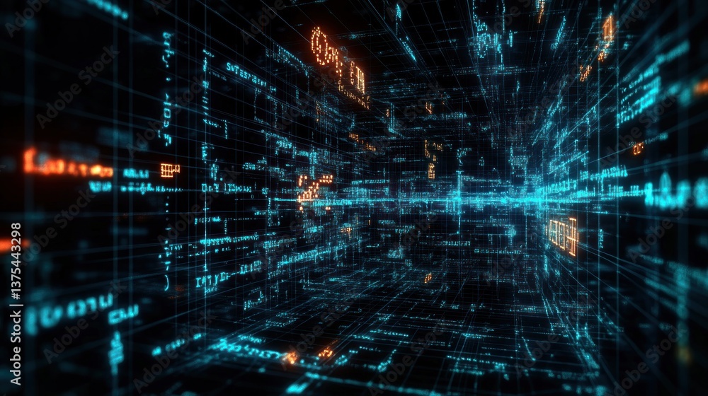 Obraz premium Futuristic Digital Matrix Glowing Equations Cyberpunk Aesthetic High-Tech Atmosphere