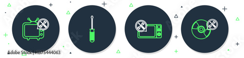 Set line Screwdriver, Microwave oven service, Tv and CD or DVD disk icon. Vector