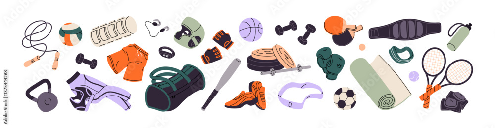 Fototapeta premium Sports equipment set. Different fitness accessories for training in gym. Workout items: balls, barbell, rackets, boxing gloves, yoga mat, bat. Flat isolated vector illustrations on white background