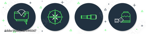 Set line Wind rose, Spyglass telescope lens, Pirate hat and game dice icon. Vector
