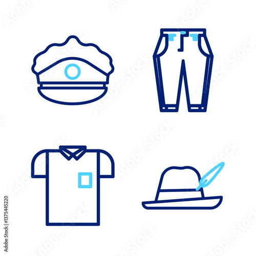Set line Oktoberfest hat, Polo shirt, Pants and Police cap with cockade icon. Vector